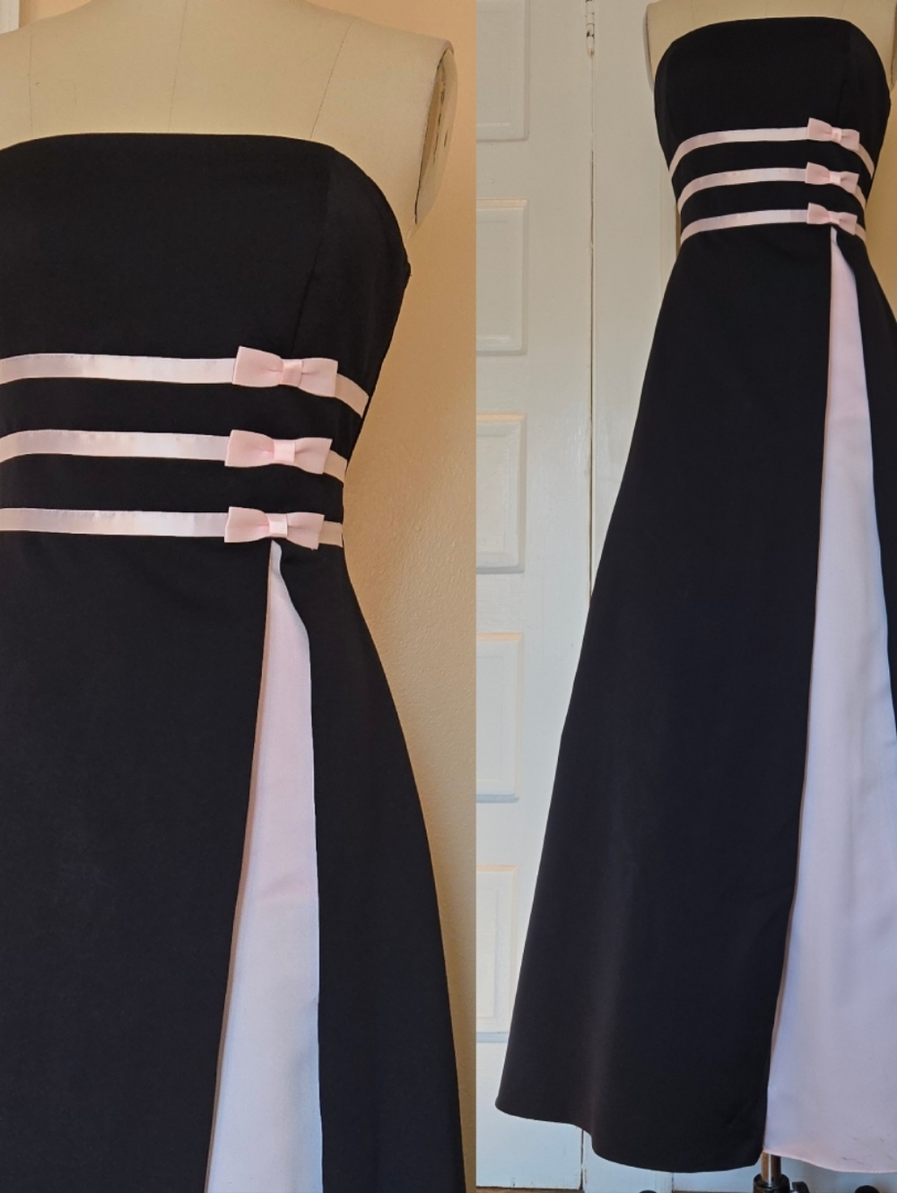 Black and pink strapless floor length prom gown with pink contrast panel, ribbon